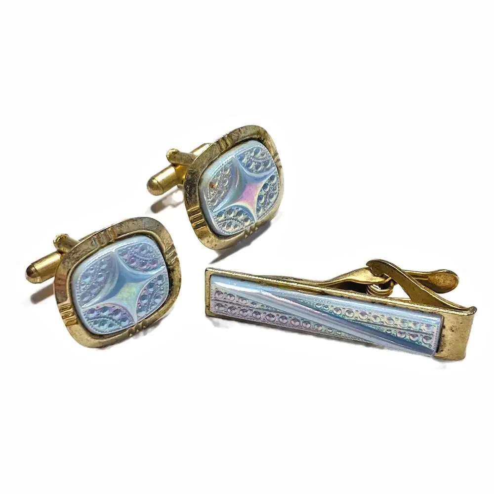 Vintage Mid Century Jewelry Set for Man Tie Bar Cufflinks Goldtone & Texture MOP